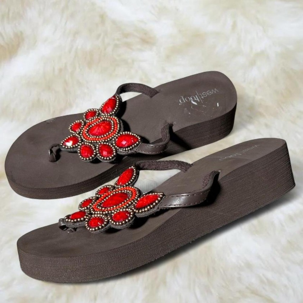 West Loop Wedge Flip Flops Brown Red Embellished Floral Y2K 2000s Size 7/8